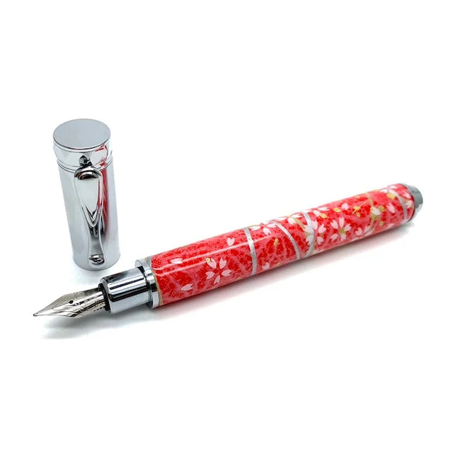 F-style Miyabina Mino Washi Yuzen Pattern Magnet Cap Fountain Pen Cherry Blossom and Hemp Leaf/Vermilion TWM2304